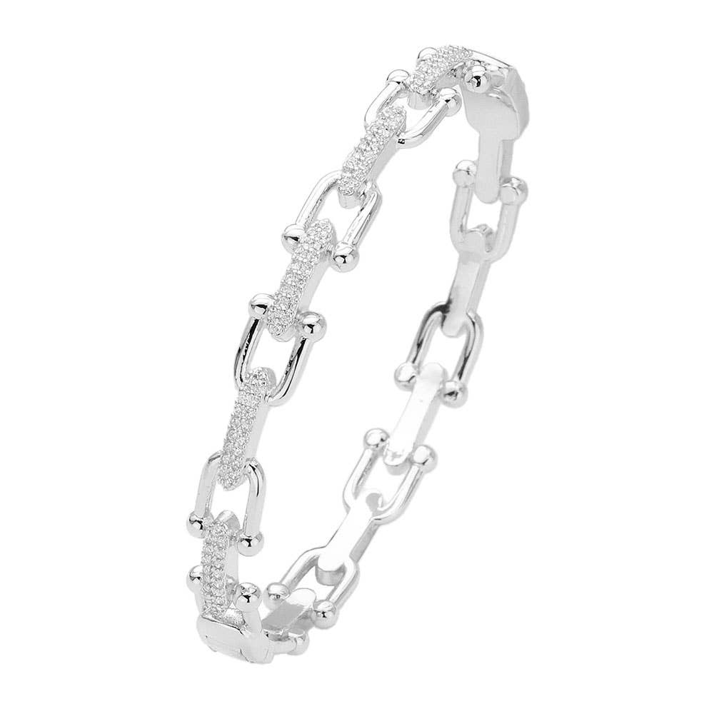 Equestrian CZ horseshoe buckle hinged bangle bracelet, silver, front view