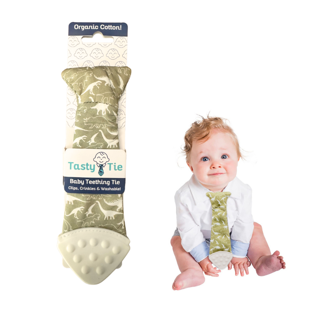 Tasty Tie Teether, Crinkle Toy, Baby Boy Gift (Pistachi Dino)