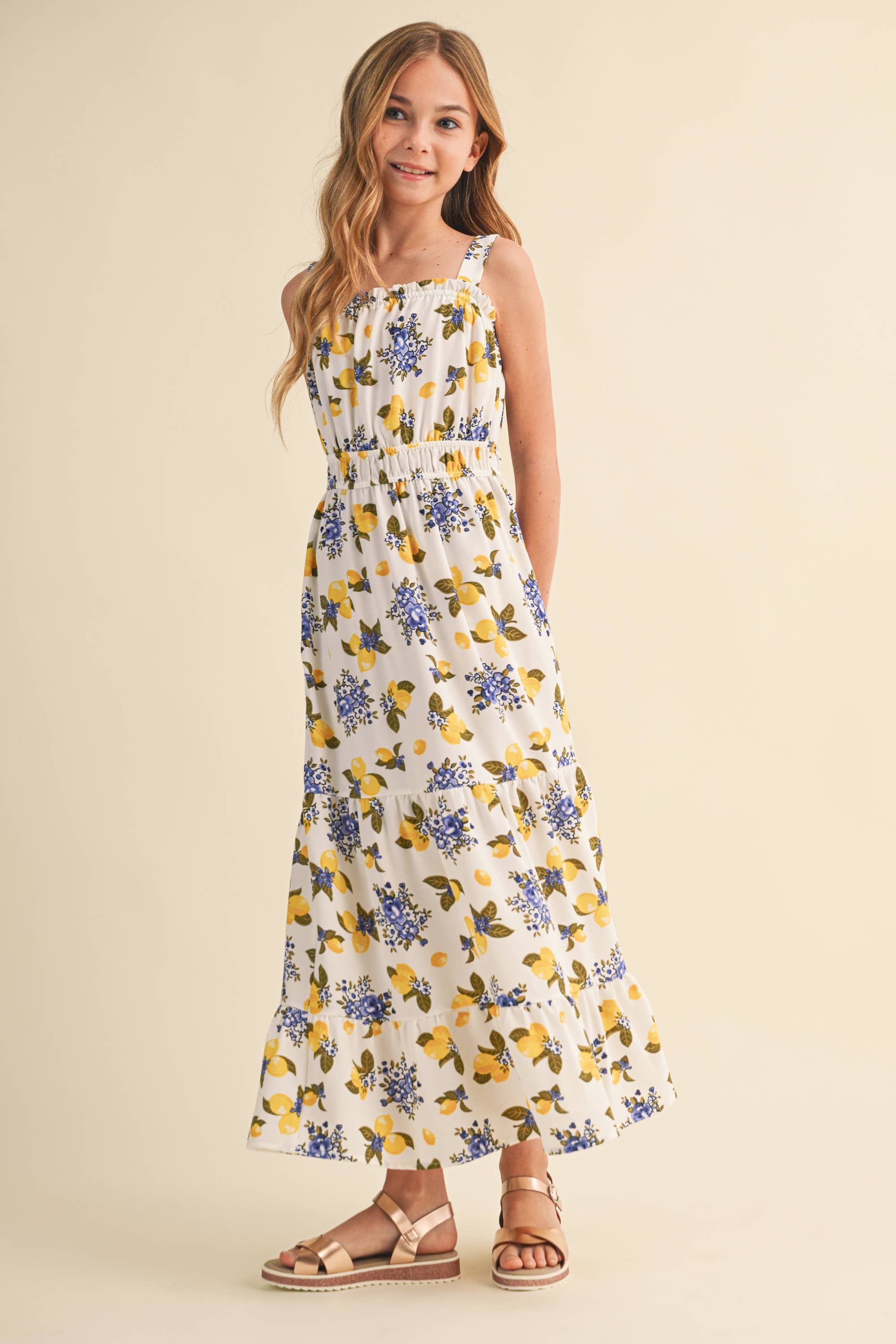 Tween and Teen Girls Maxi Sundress - Juliette Italian Summer Lemon Floral
