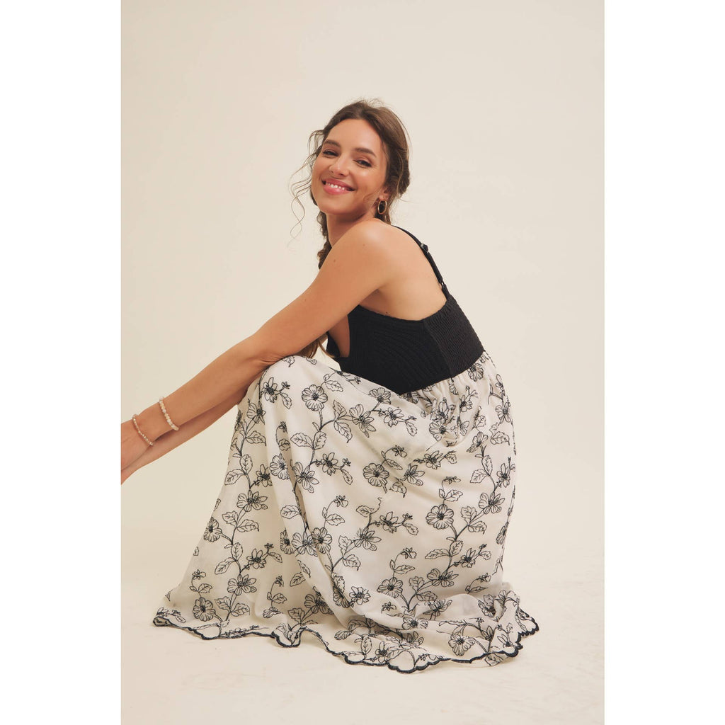 Women's Knit Spaghetti Top Two-fer Embroidered Midi Sun Dress with Pockets, Cream and Black