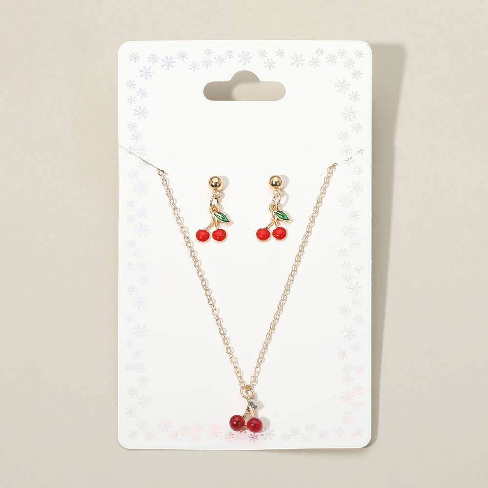 Enamel Pendant Necklace and Dangle Earring Set - Red Cherry, Gold