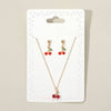 Enamel Pendant Necklace and Dangle Earring Set - Red Cherry, Gold