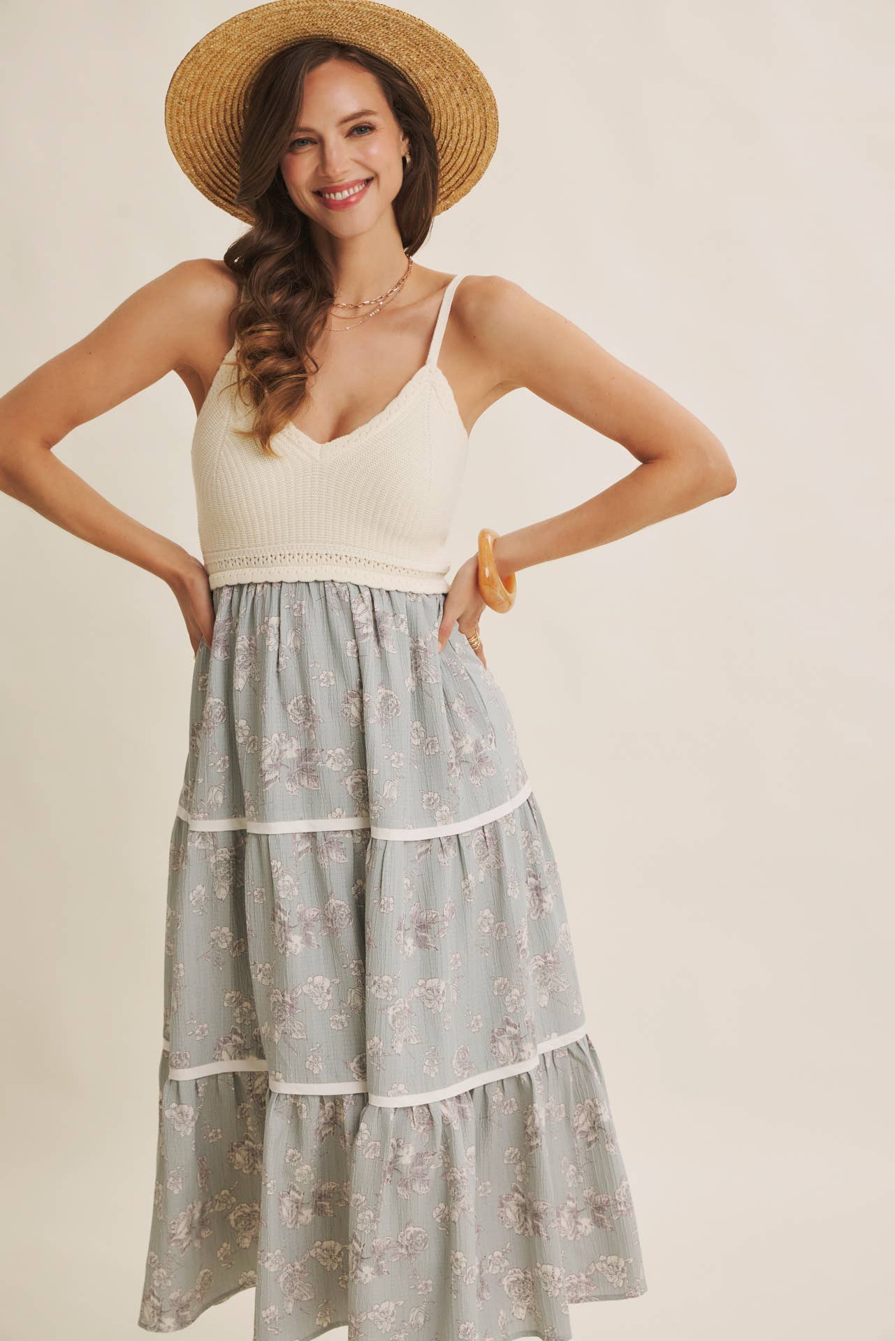 Women's Knit Spaghetti Top Two-fer Midi Sun Dress with Pockets, Ivory and Dusty Blue