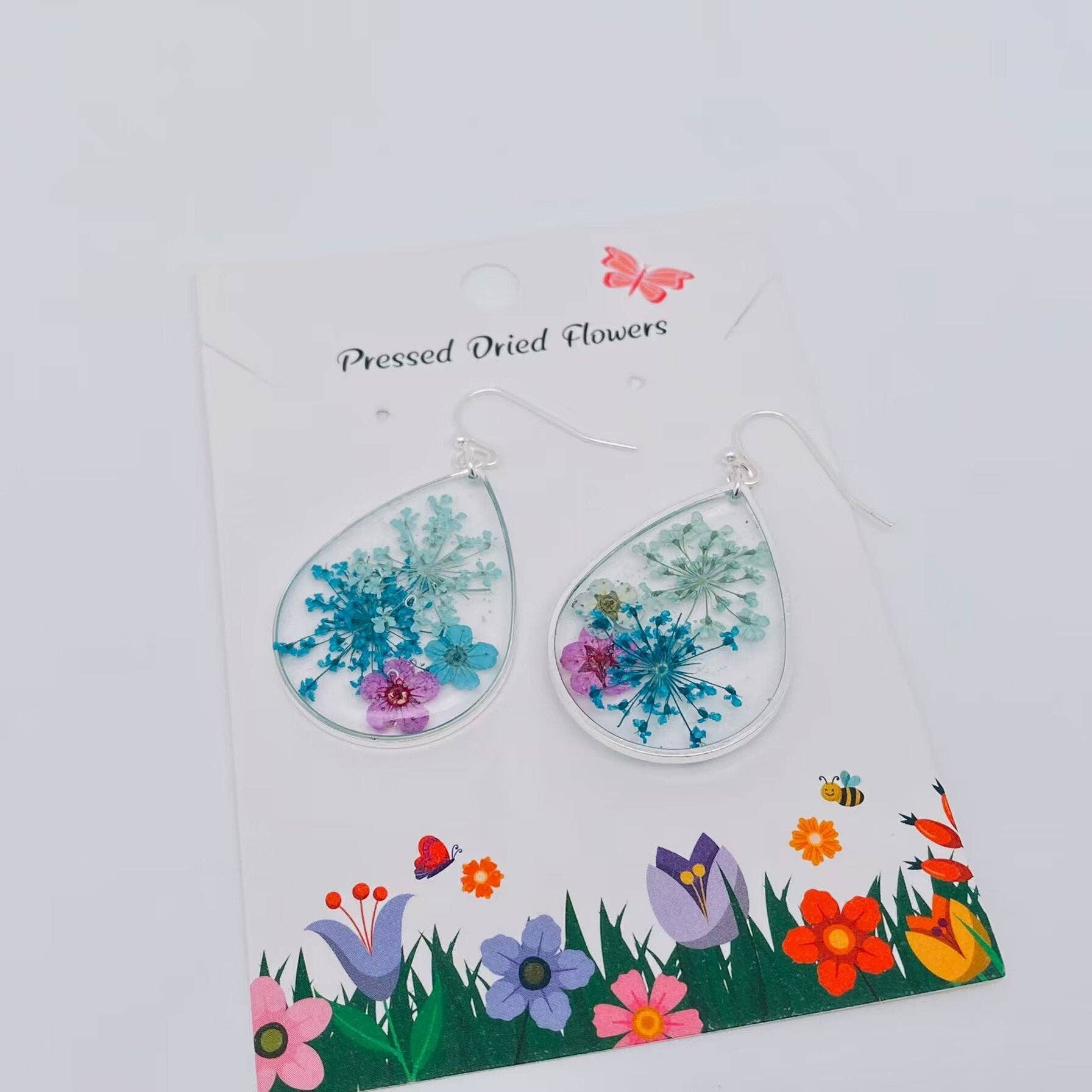 Genuine Pressed Flowers Earrings Dangle Silver Hook, Tear Drop, Sage/Teal/Pink