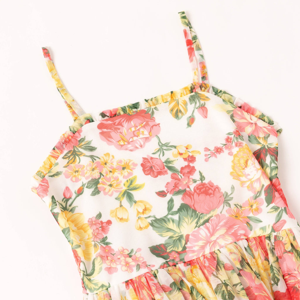 Mini/Tween Girls Rose Floral Ruffle Hi-Low Hem Sun Dress: Multi Orange and Yellow Floral