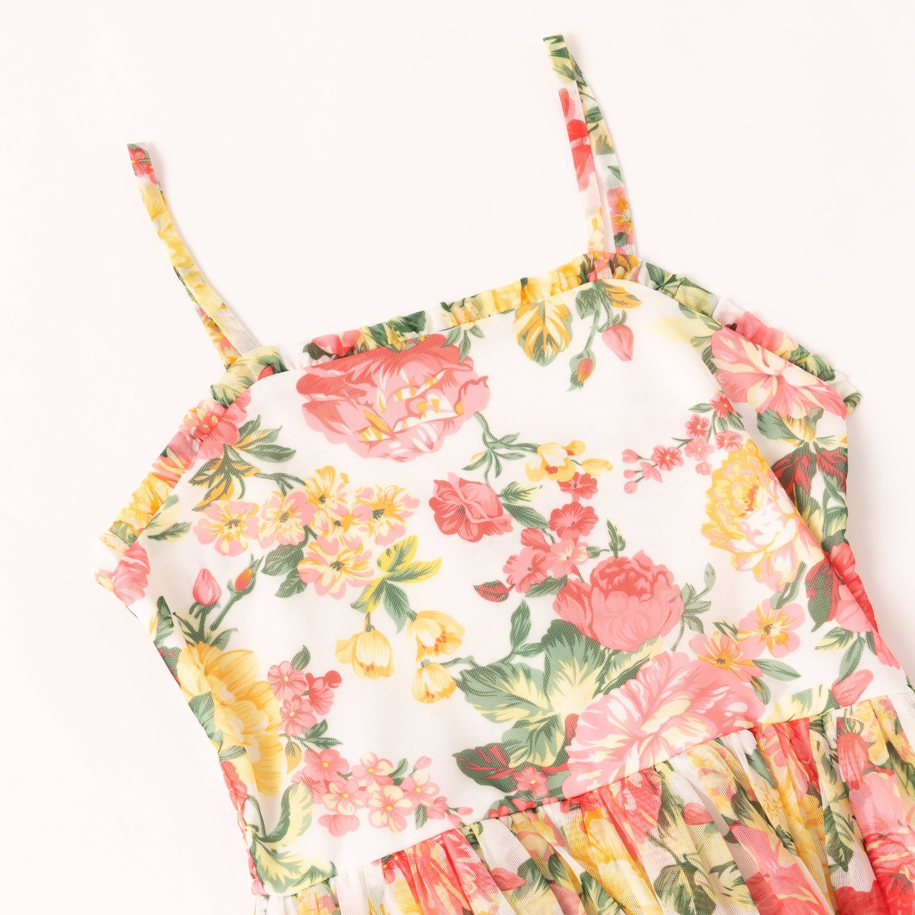 Mini/Tween Girls Rose Floral Ruffle Hi-Low Hem Sun Dress: Multi Orange and Yellow Floral