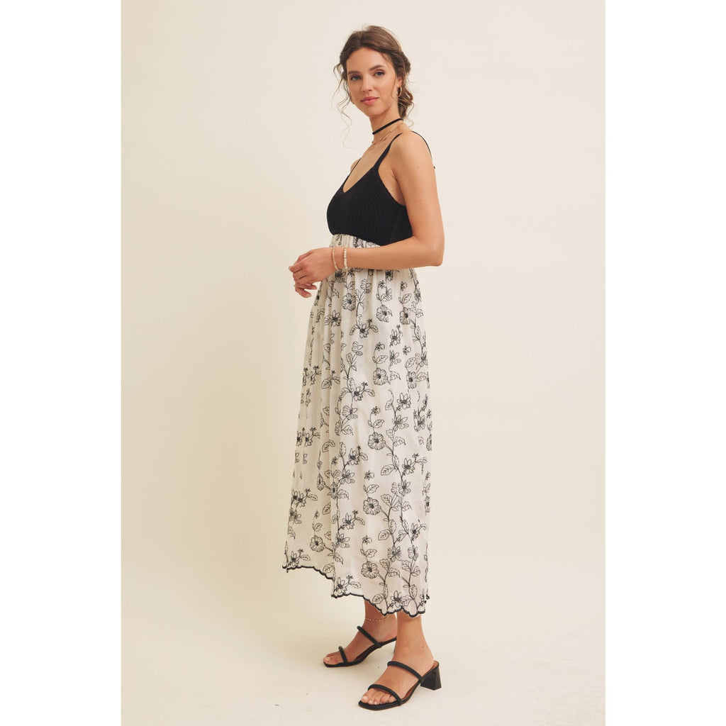 Women's Knit Spaghetti Top Two-fer Embroidered Midi Sun Dress with Pockets, Cream and Black