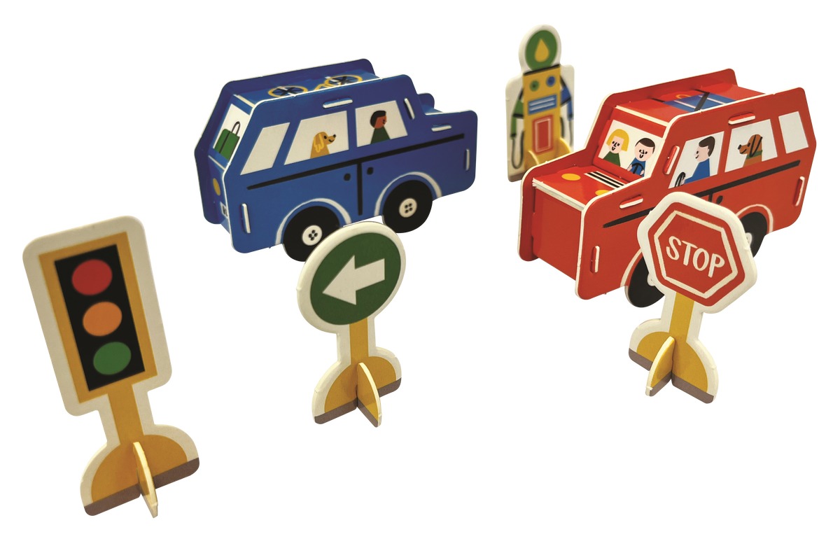 Busy Town 3D Play Set, assembled blue car, red truck and traffic light