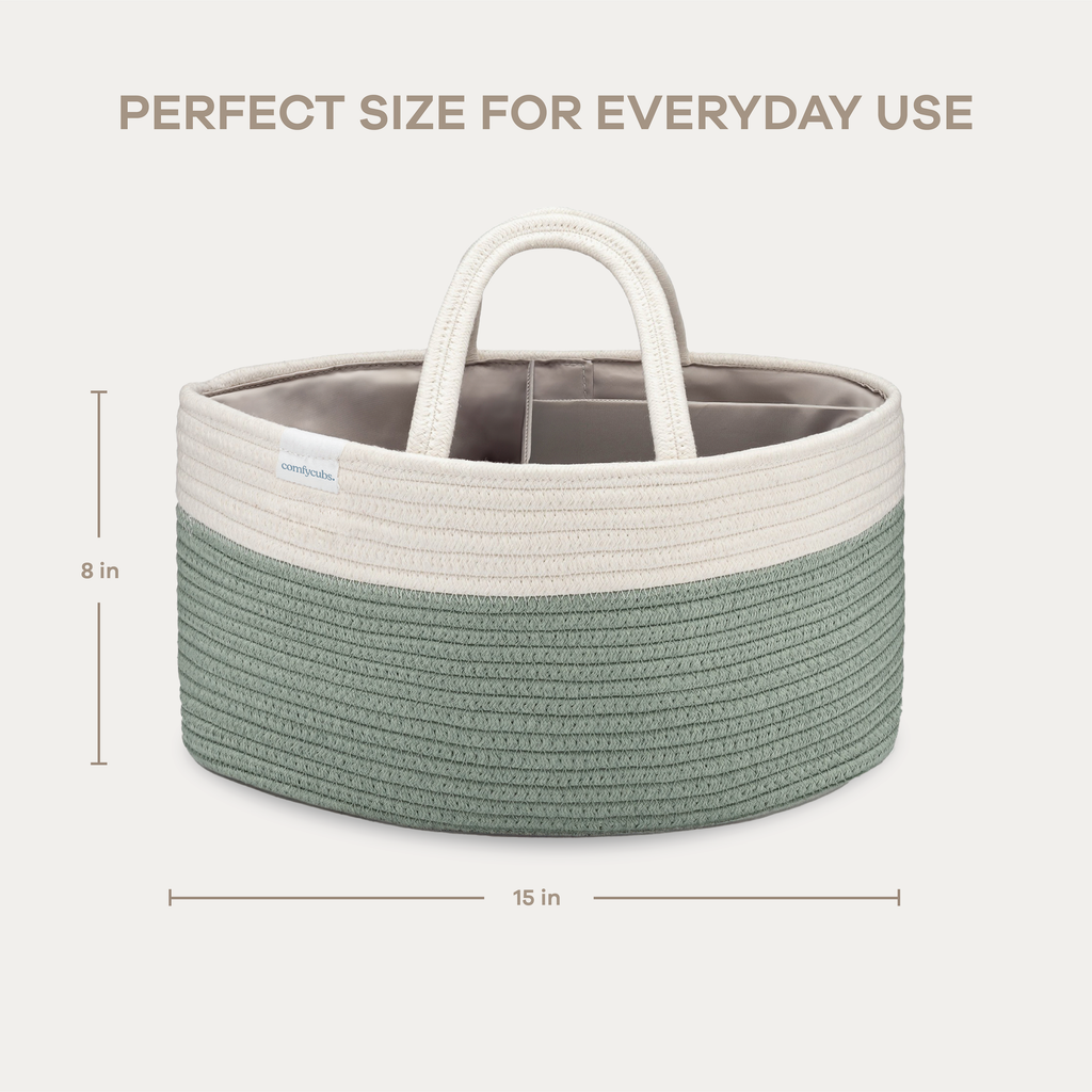 Roped diaper caddy in sage green and white, detail 5