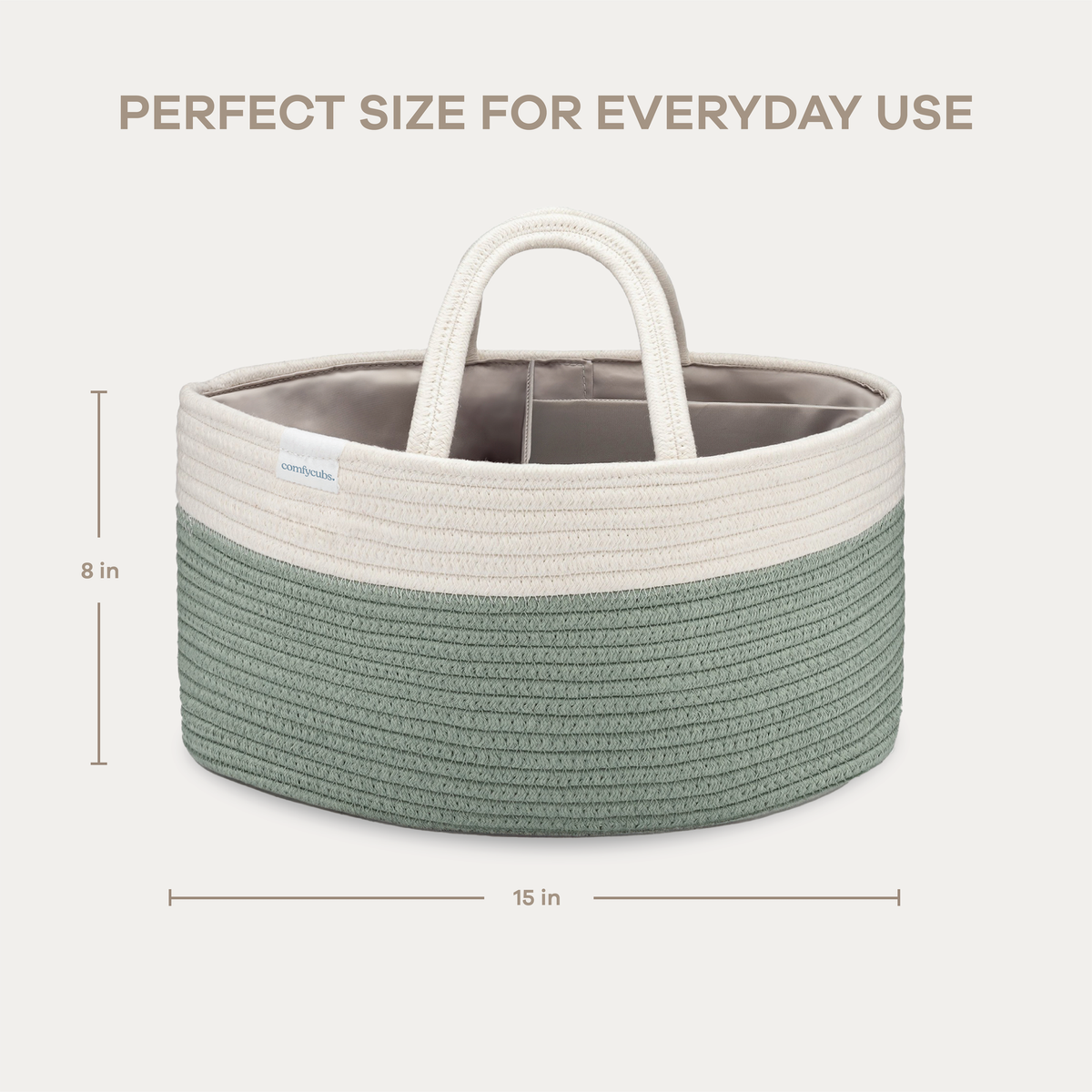 Roped diaper caddy in sage green and white, detail 5