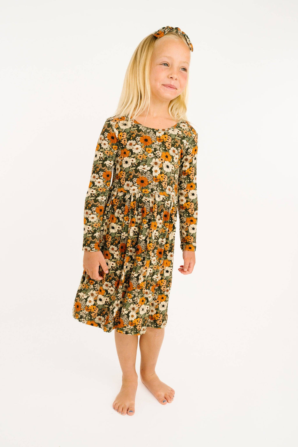 Bamboo L/S Twirl Dress - Green & Burnt Orange, Rustic Blooms