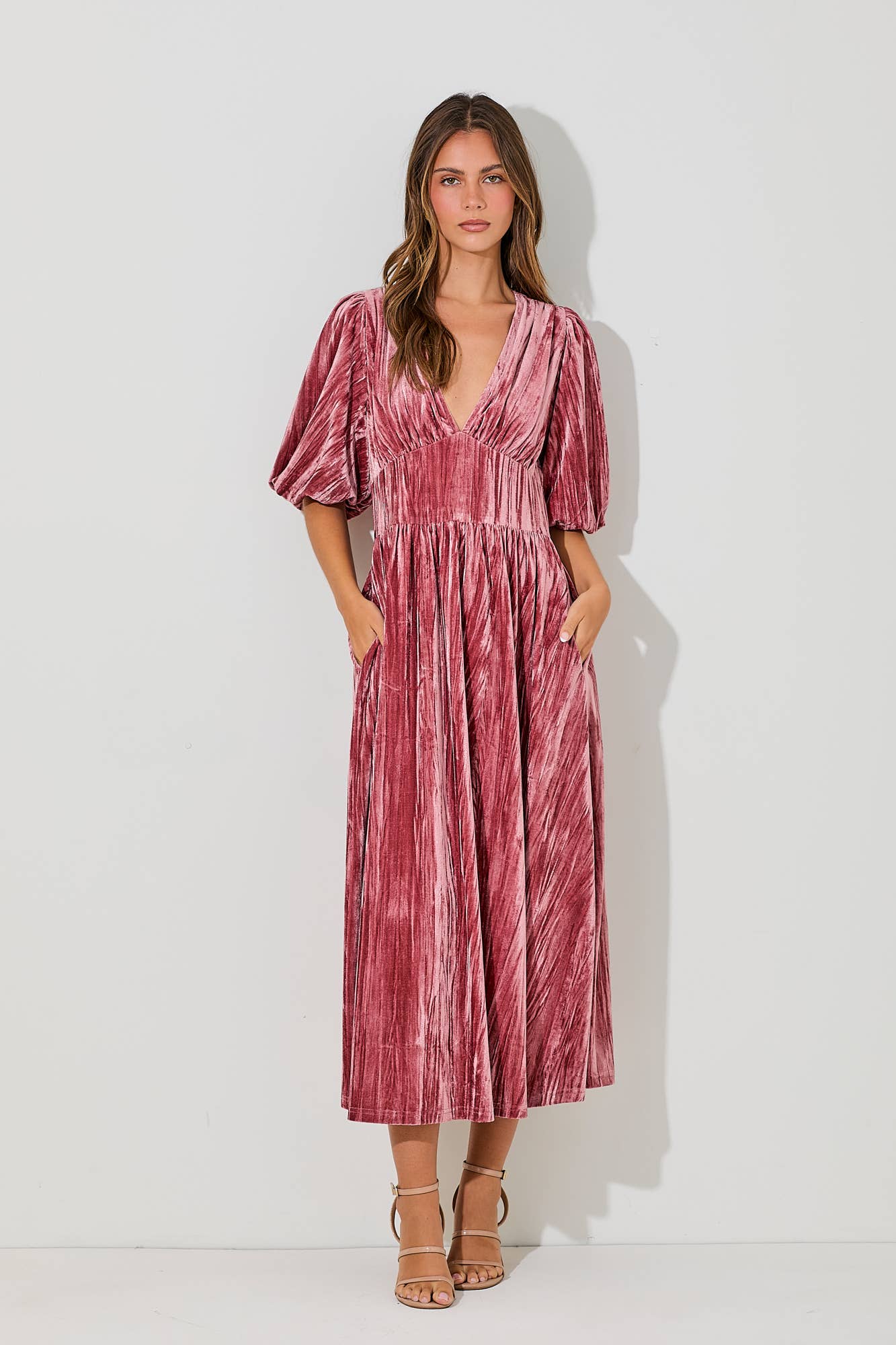 Women's/Junior Velvet Midi Dress with Pockets - Deep Dusty Rose