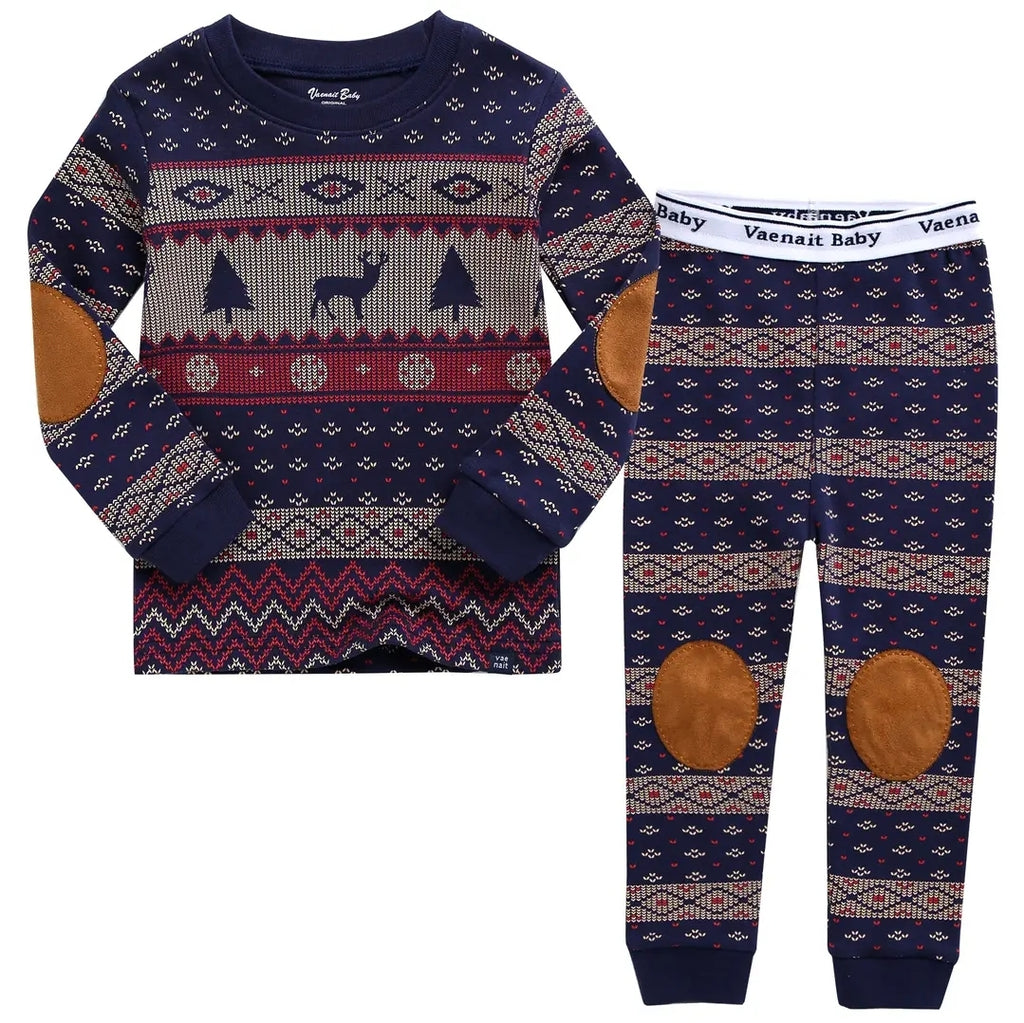 Navy Fair Isle reindeer Christmas pajama set for kids, long sleeve top and pants with cream, red and tan reindeer and tree print, laid flat