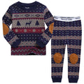Navy Fair Isle reindeer Christmas pajama set for kids, long sleeve top and pants with cream, red and tan reindeer and tree print, laid flat