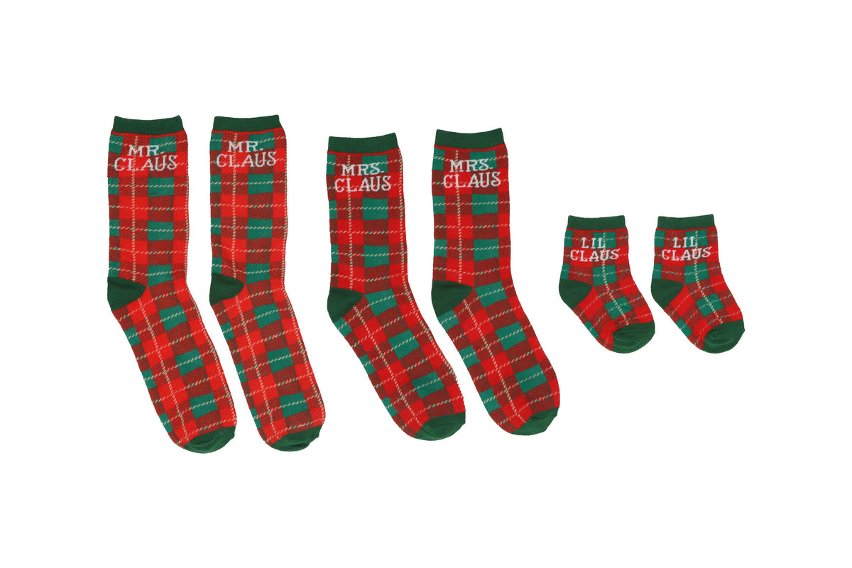 Red and green plaid family Christmas sock set, all three pairs