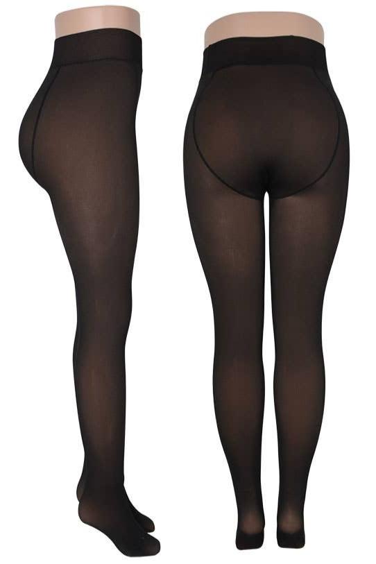 Women's faux fur lined footed tights, black with nude, side and back