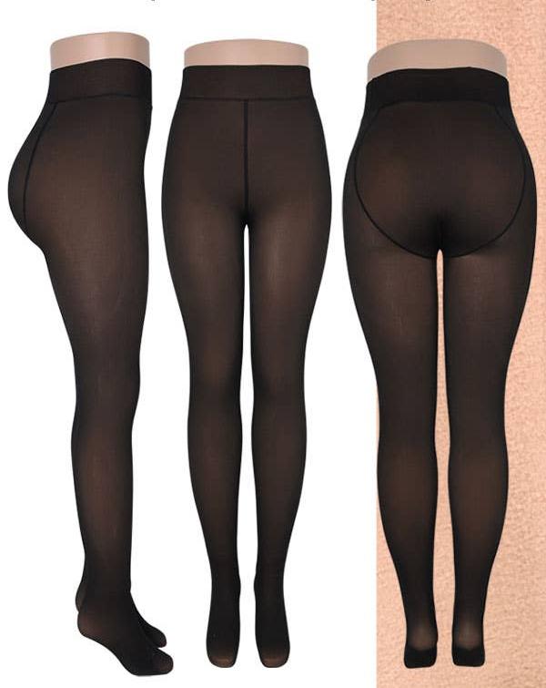 Women's faux fur lined footed tights, black with nude, front side and back view