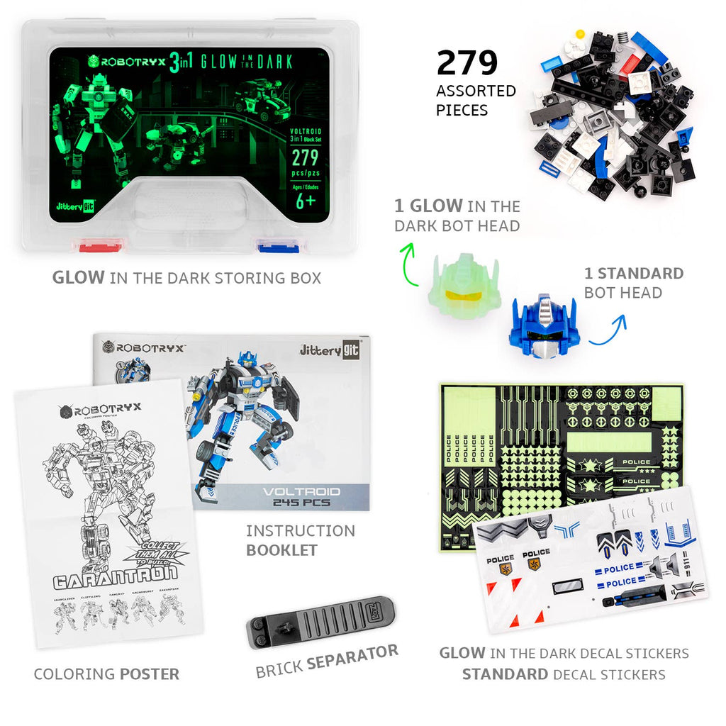 Robotryx Block Builder Set 3-in-1 (279 pc), Ages 6Y-Adult, Police Glow-in-the-Dark, Voltroid