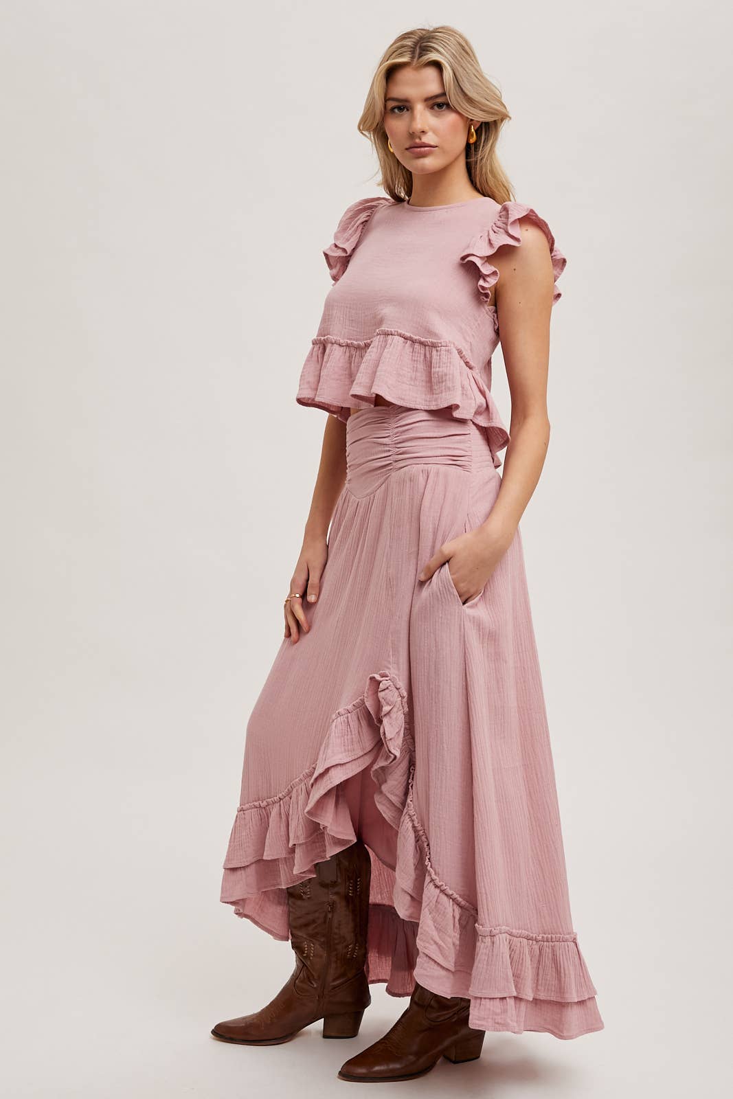 Women's Ruffled Semi Cropped Top - Petal Rose Pink