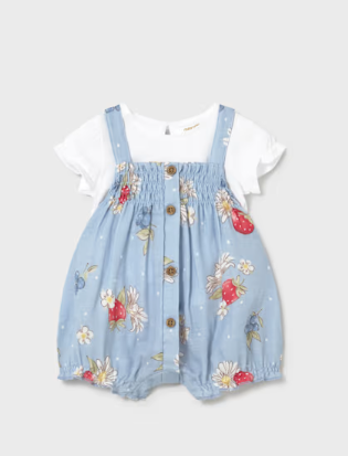 1638 Mayoral Baby Girls Strawberry Smocked Bubble Romper + T-Shirt Set - Lagoon Blue