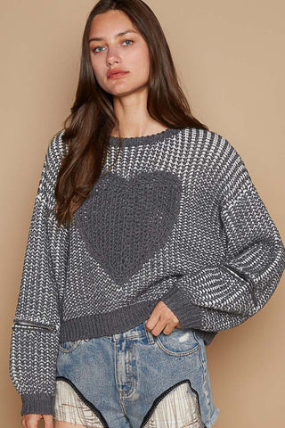 POL Round Neck Heart Patch Zipper Point Sleeve Sweater, Charcoal