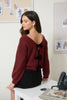 Women's Wide Boat Neck Reversible Knit Sweater, Velvet Bow Details - Burgundy