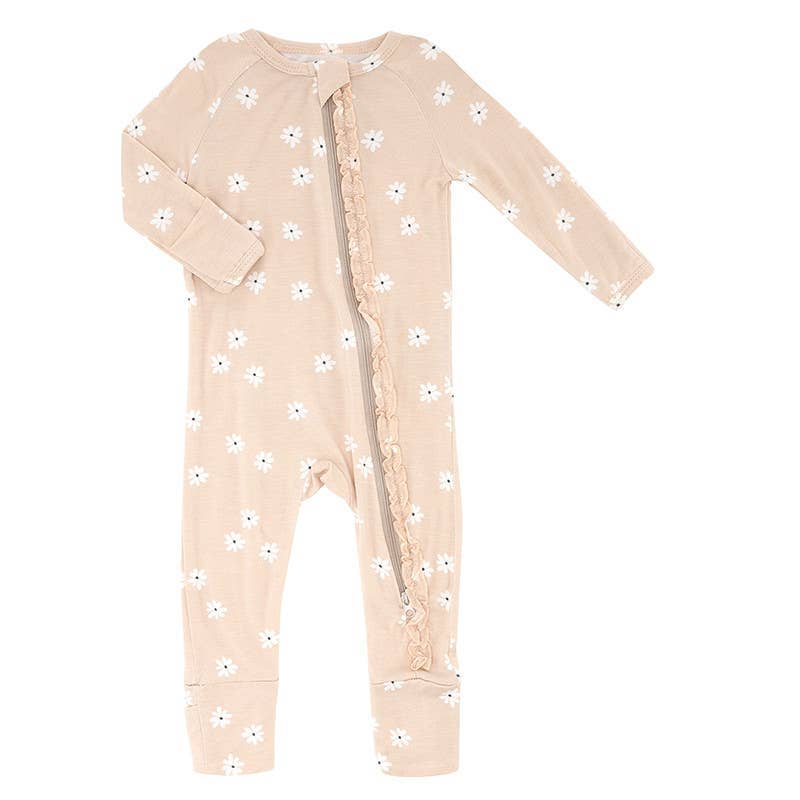 Bamboo Zippered L/S Convertible Ruffled Romper - Micro Floral, Blush Pink