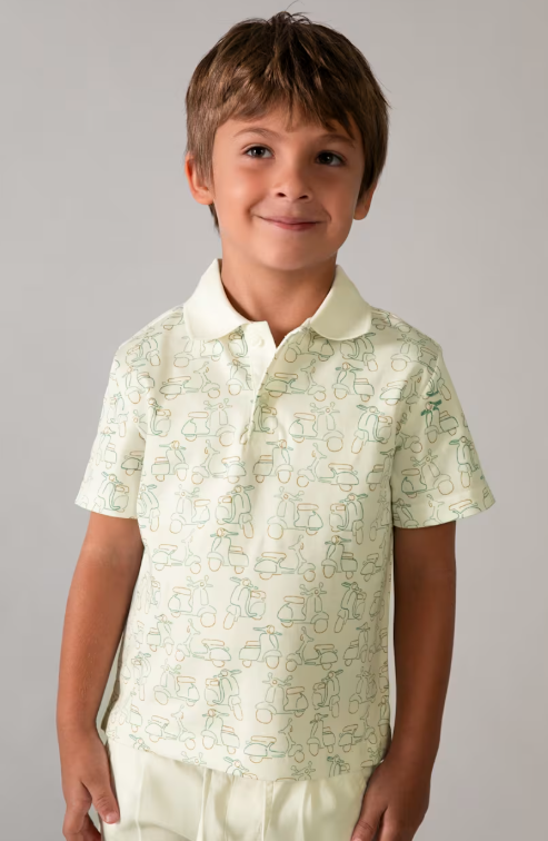 3104 Mini Boy S/S Printed Polo Shirt - Cream Green Scooters