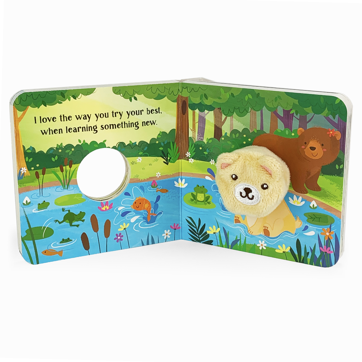 I Love You Every Day finger puppet board book, inside pages with the bear puppet