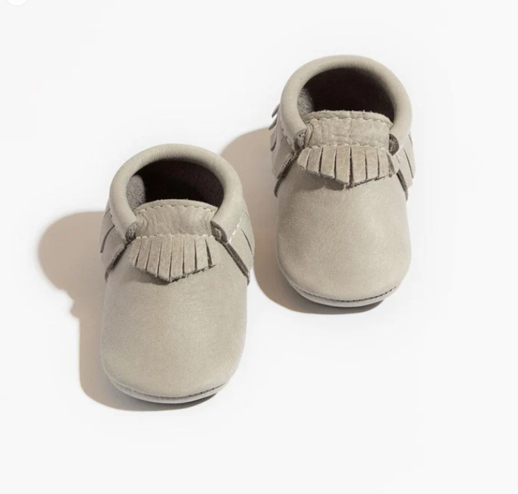 First pair leather moccasins, salt flats grey, flat lay