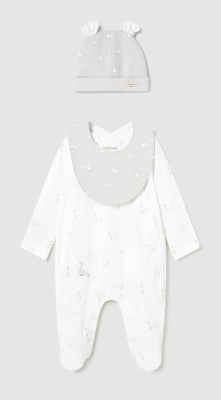 1728 Mayoral Baby UNISEX 3pc Gift Set,  Hat, Footie, and Bib - White, Textured Goose