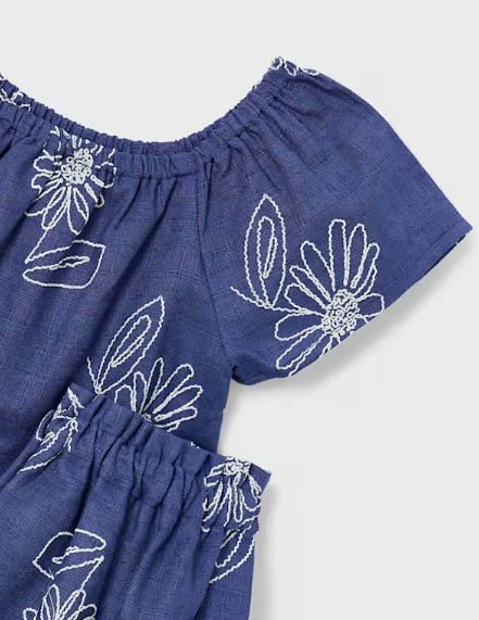 3947 Mini Girls 2pc Linen Embroidered Top and Skirt - Porcelain Blue