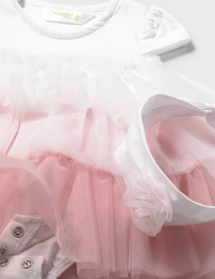 1601 Mayoral Baby Girls Layered Tulle Special Occasion Bodysuit Dress w/ Headband - Baby Rose Pink