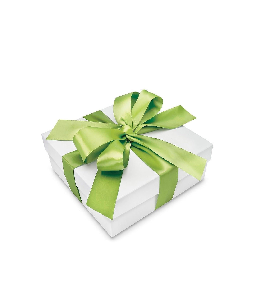 White gift box wrapped with a lime green satin ribbon bow