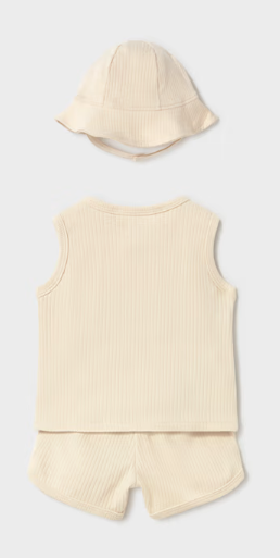 1294 Mayoral Baby UNISEX Eco-Cotton 3PC Shorts, Tank Top, and Hat Set - Chickpea