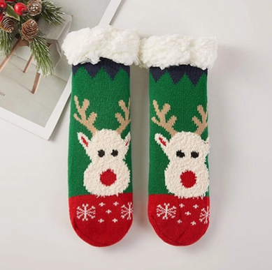 Kids Christmas Fuzzy Winter Socks, Reindeer Evergreen
