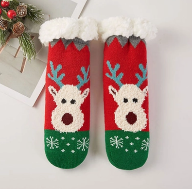 Kids Christmas Fuzzy Winter Socks, Reindeer Festive Red