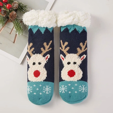 Kids Christmas Fuzzy Winter Socks, Reindeer Navy