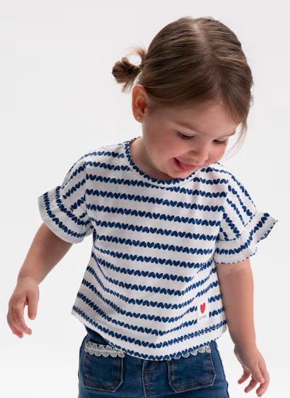 1082 Toddler Girls Eco-Cotton Ruffled S/S Print Shirt - Porcelain Blue Hearts