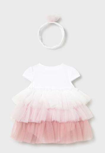 1601 Mayoral Baby Girls Layered Tulle Special Occasion Bodysuit Dress w/ Headband - Baby Rose Pink