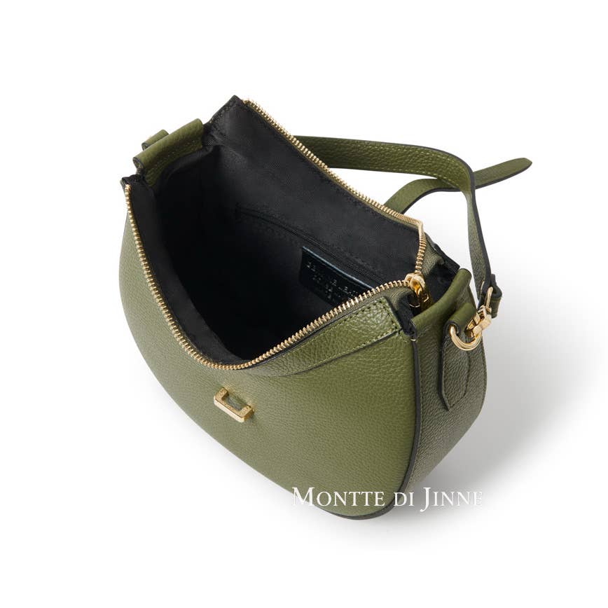 Open Italian leather crescent bag in olive green showing the interior