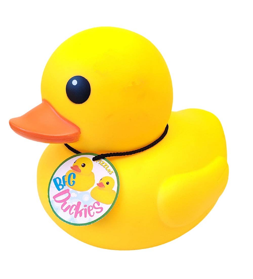 Giant yellow rubber duck bath toy, with hang tag