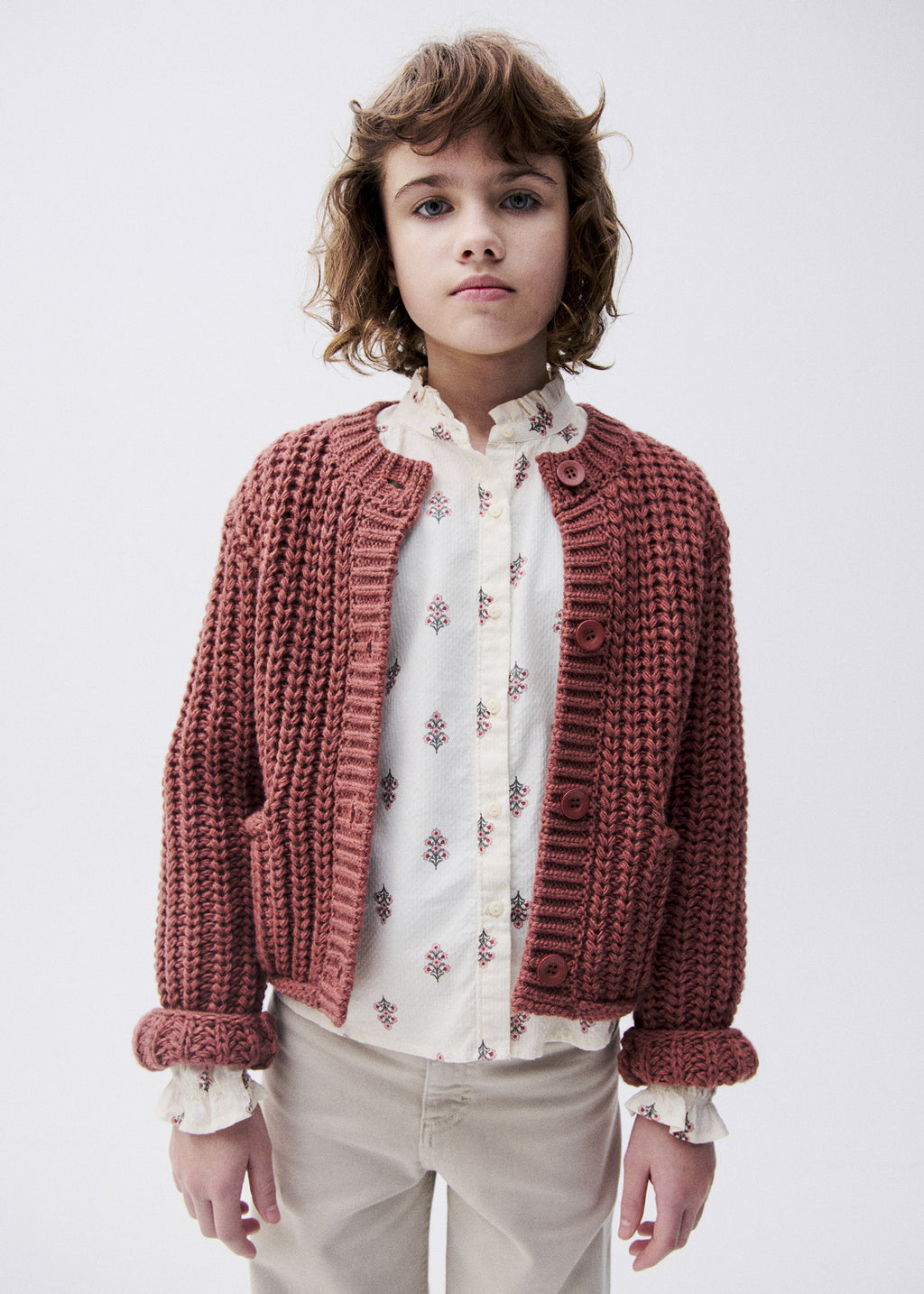 Mayoral 7344 tween girl brick red chunky knit cardigan - on model