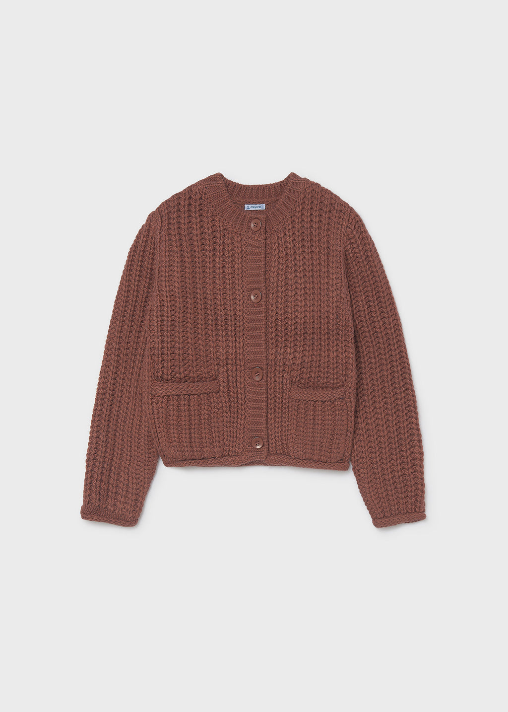 Mayoral 7344 tween girl brick red chunky knit cardigan - front