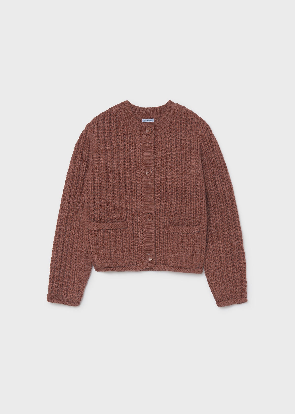 Mayoral 7344 tween girl brick red chunky knit cardigan - front