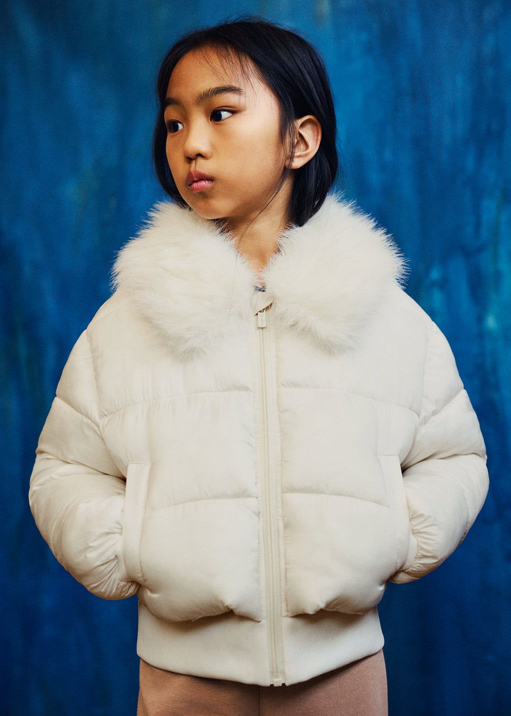 Mayoral 7440 tween girl natural white cropped puffer jacket with faux fur collar - on model