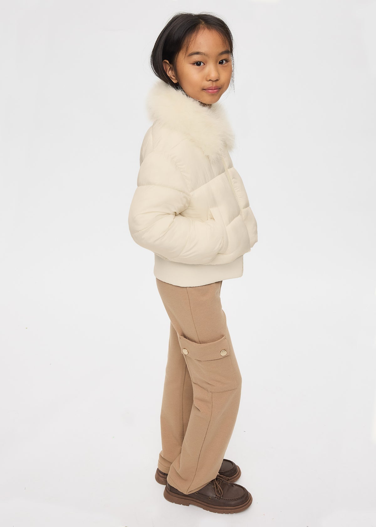 Mayoral 7440 tween girl natural white cropped puffer jacket with faux fur collar - on model side