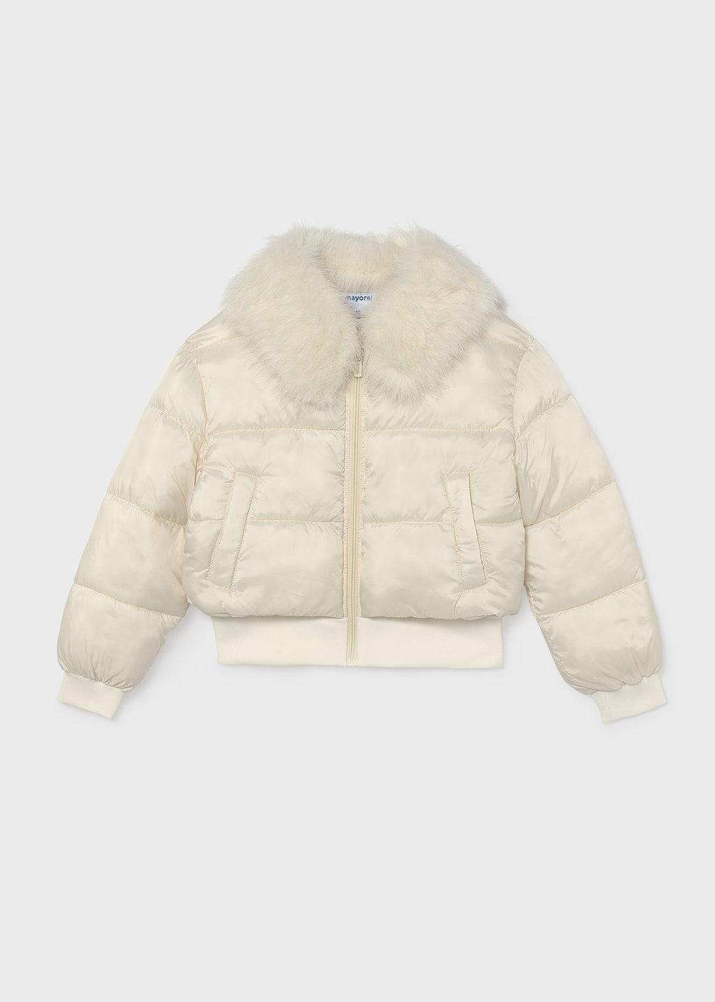 Mayoral 7440 tween girl natural white cropped puffer jacket with faux fur collar - front