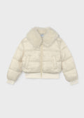 Mayoral 7440 tween girl natural white cropped puffer jacket with faux fur collar - front