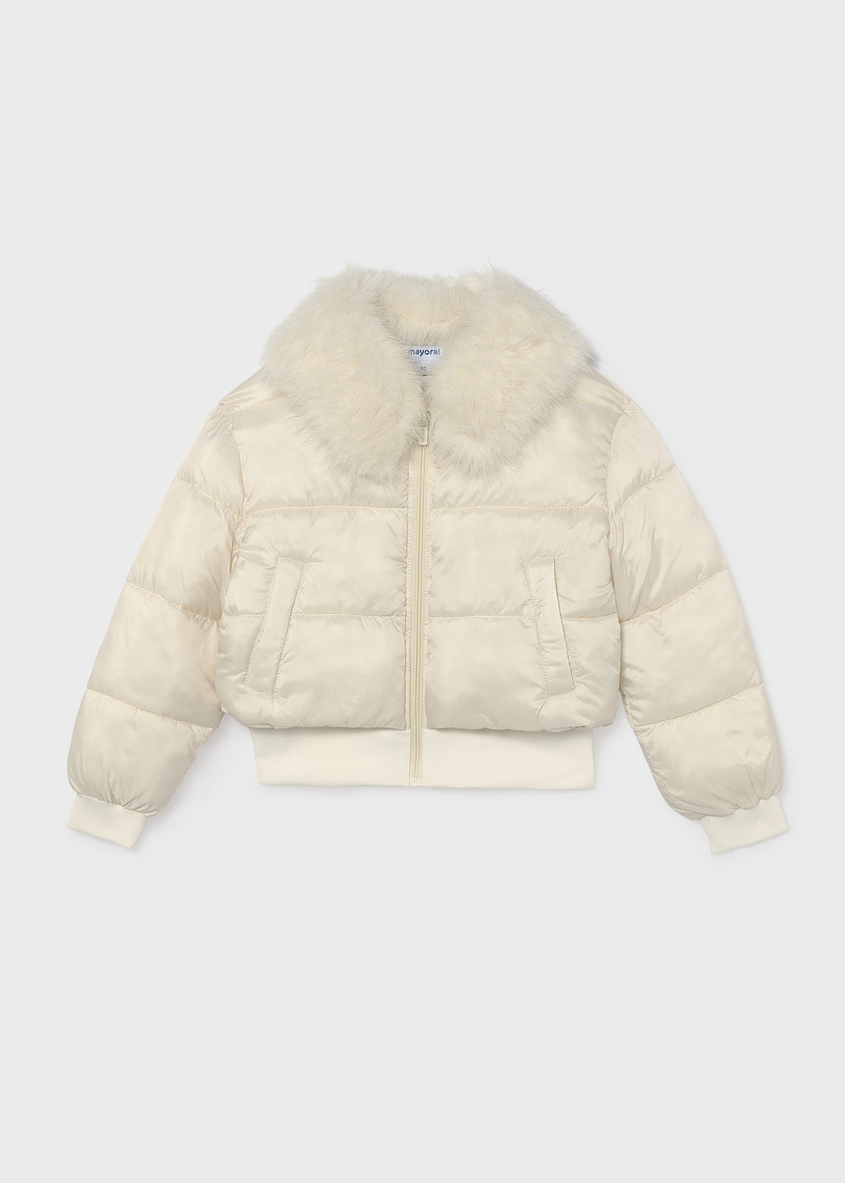 Mayoral 7440 tween girl natural white cropped puffer jacket with faux fur collar - front